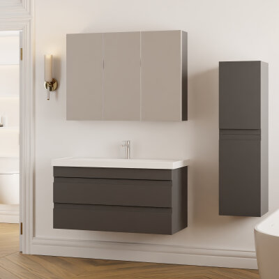 Badmöbel 4-er Sets: Unterschrank, Waschbecken, Spiegelschrank, Hochschrank