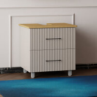 Badmöbelunterschrank in Pastellgrau, Waschtischplatte in Holzfurnier, Badschrank mit Schubladen - Banyox