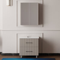 Badezimmermöbel Set grau für kleinere Bäder, Badezimmerunterschrank mit Spiegelschrank in pastellgrau, Mid Century Stil - Banyox