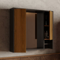 Marmara Spiegelschrank 80 cm – Detailansicht mit offenen Ablagen und Eiche-Front