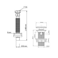 Technische Zeichnung Pop-Up Ablaufventil und Siphon, Maße und Anschluss 1 1/4 Zoll