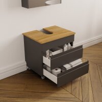 Badunterschrank mit Füßen, Eichenkonsole, Siphonaussparung, Hängespiegelschrank mit zwei Regalen - Banyox