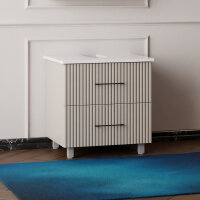 Badmöbelunterschrank in Pastellgrau, Waschtischplatte in Weiß Hochglanz, Badschrank mit Schubladen - Banyox