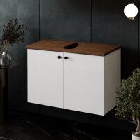 Unterschrank Mimoza 80 cm hängend in Weiß Hochglanz mit Walnuss Konsole und Ausschnitt, seitliche Perspektive