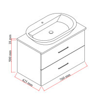 Waschtisch mit Unterschrank Verona 80 Konsole Eiche – Maßzeichnung mit Breite 760 mm, Höhe 500 mm, Tiefe 425 mm