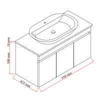 Venus Waschtisch mit Unterschrank 100 cm – Maßskizze mit Abmessungen, Eiche Konsole und ovales Aufsatzwaschbecken