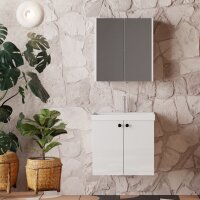 Badmöbel Set Mimoza 60 cm mit Keramikwaschbecken, Waschbeckenunterschrank Weiß mit grauem Spiegelschrank, Pflanzen in der Kulisse