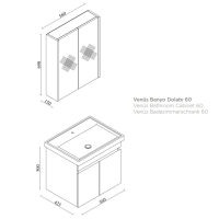 Badmöbel Set Venus 60 cm Maßzeichnung von Spiegelschrank und Waschtisch mit Unterschrank