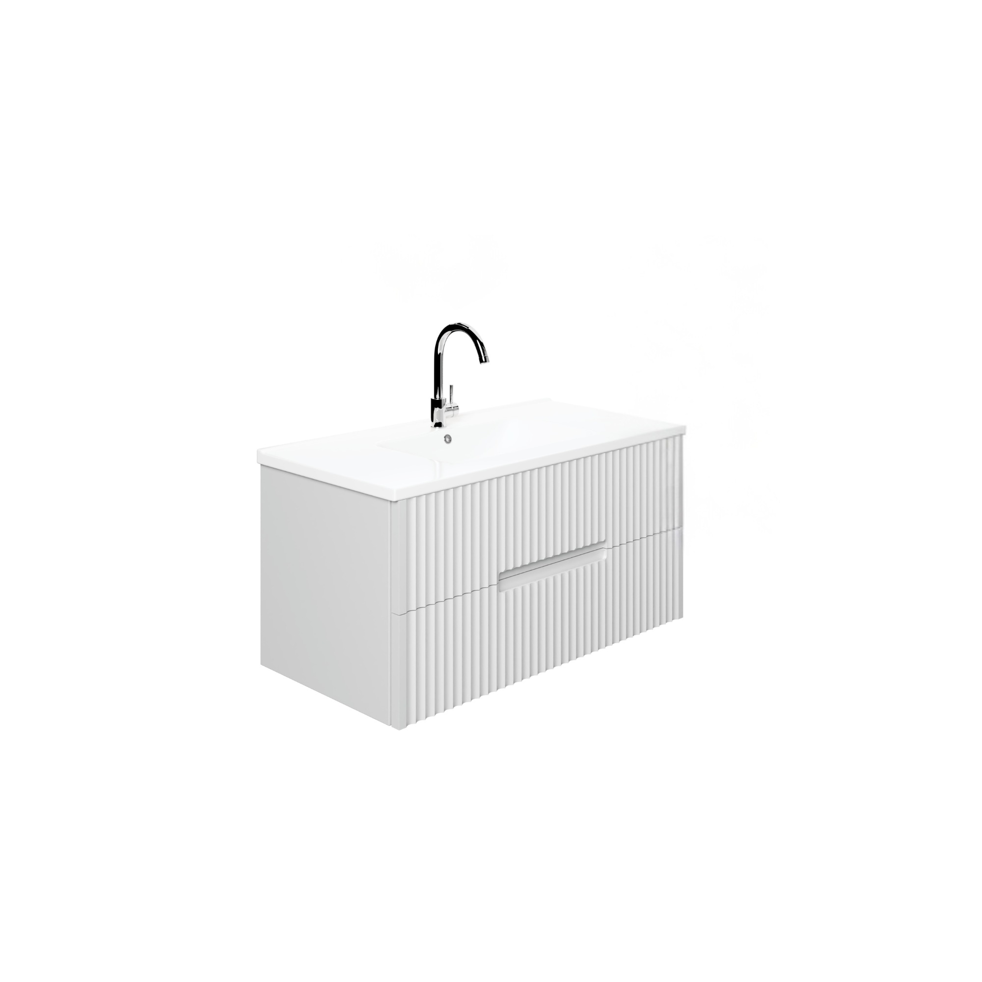 Firuze Unterschrank 100 cm Weiß geriffelt – 2 Softclose-Schubladen hängend