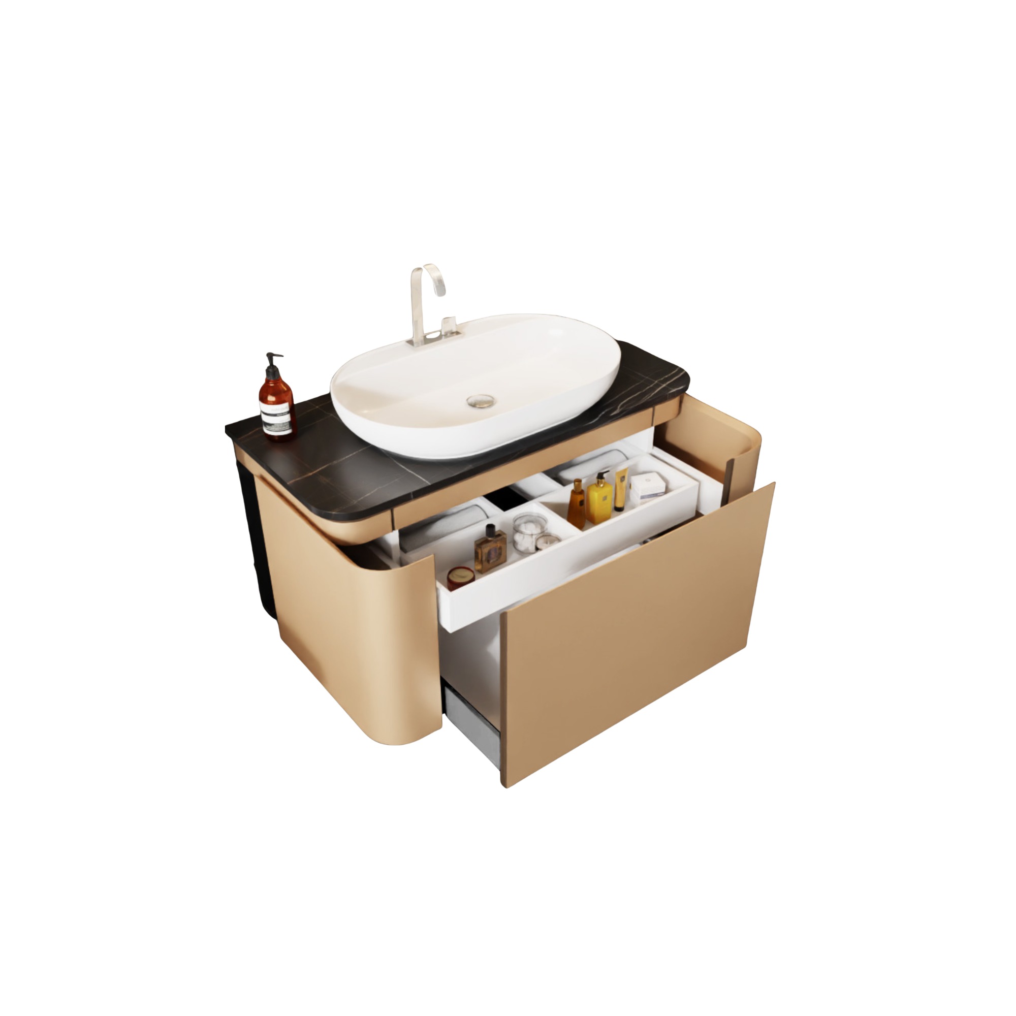 Hängender Waschbeckenunterschrank Moon Cappuccino – 3 Softclose-Schubladen mit Schmuckschublade
